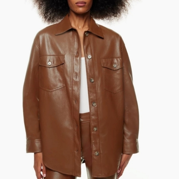 NEW Wilfred THE GANNA Jacket Sz M Brown Camel Button-Up Faux Leather Minimalist - Picture 1 of 12